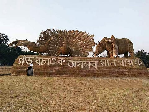 A “bhelaghar”, erected for community feasting with a message, to protect the pride and honour of Assam, the rhinos. (EPS)