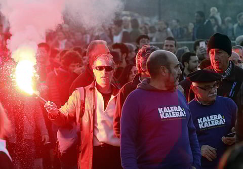 Several thousand people protest in support of Basque activists arrested last night in Louhossoa. (Photo | AP)