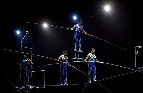 A Ringling Bros. and Barnum & Bailey high wire act performs during a show Saturday, Jan. 14, 2017, in Orlando. (AP)