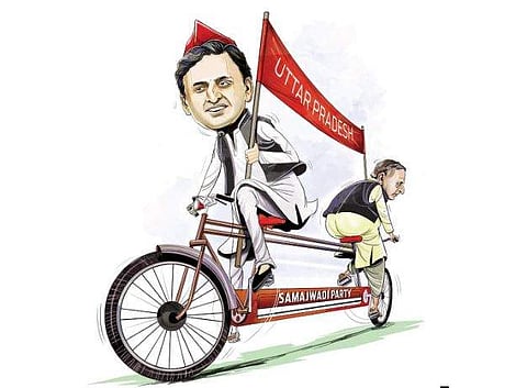 An illustration of the tussle over party symbol 'Cycle' between father Mulayam Singh Yadav and son Akhilesh Yadav