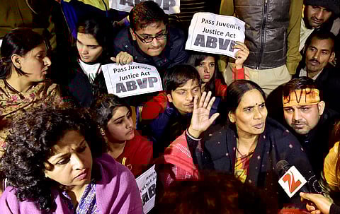 Nirbhaya's mother Asha sits in a protest at Jantar Mantar in New Delhi on December 21. (File | PTI)