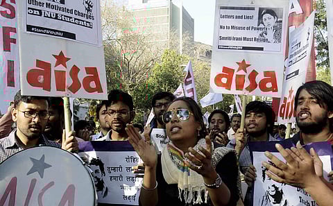 Members of various students organisations raising slogans during a protest march to express solidarity for Rohith Vemula in New Delhi. (File Photo | EPS)