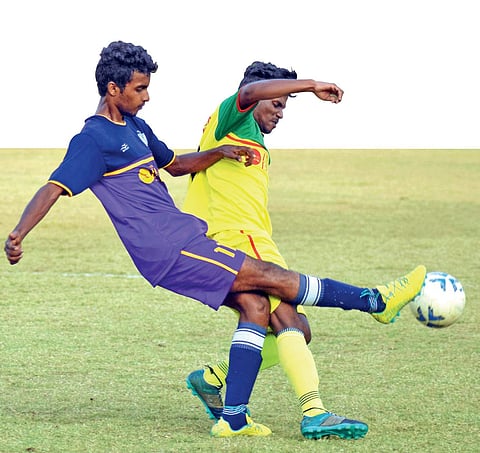 UC College’s K N Said Ibin in action against Baselius College during the pre-quarterfinals of TNIE GOAL 2017 at the Malappuram District Sports Council Stadium on Monday  | Express