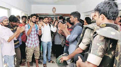 A file photo of UoH students protest inside the V-C's Appa Rao office. |PTI