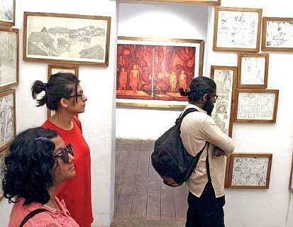 Visitors looking at the installation by Bara Bhaskaran at Aspinwall House in Fort Kochi   Melton Antony