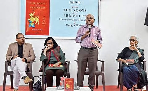 Prof Kancha Ilaiah expressing his views on ‘The Roots of the Periphery’ at Lamakaan in Hyderabad on Wednesday | vinay madapu