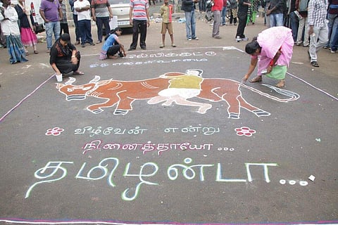 Women make a rangoli in support of jallikattu at Marina beach in Chennai on Saturday. (EPS | Ashwin Prasath)