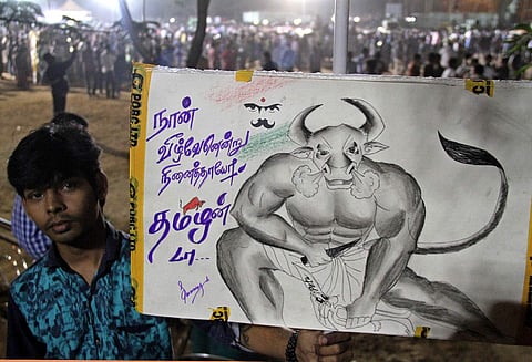 Protesters in Coimbatore's VOC Grounds on Friday, the fourth day of protests. (EPS | Prakash Chellamuthu)
