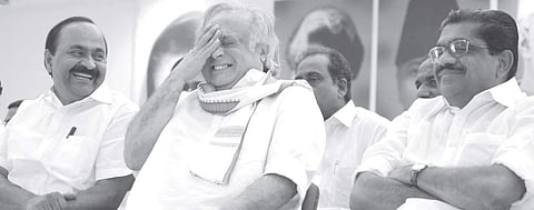 Former Union Minister Jairam Ramesh is in splits after a comment by V D Satheeshan MLA at the state-level convention against demonetisation in Thiruvananthapuram on Saturday. KPCC president V M Sudheeran is also seen | Manu R Mavelil
