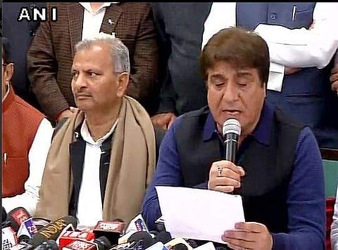 UP Congress chief Raj Babbar addresses the media while Samajwadi Party state unit chief Naresh Uttam (left) looks on at a joint press conference on Sunday. (ANI)