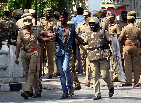 Chennai Police arrest people who were involved in violance at Ayothiyanagar near Marina in the city on Monday. (Sunish P Surendran | EPS)