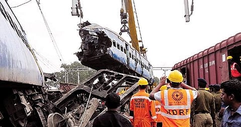 Police personnel conducting rescue operation at Kuneru railway station in Vizianagaram on Sunday| R V K Rao