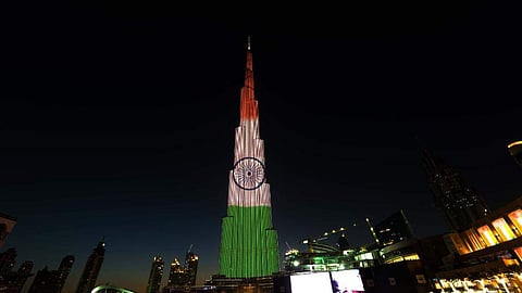 The Burj Khalifa lit up in the Indian tricolour.