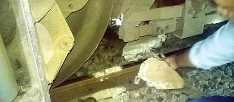 Concrete slabs placed horizontally on the railway tracks to derail the Chalukya Express at Thoppur in Tamil Nadu. | Express Photo Service