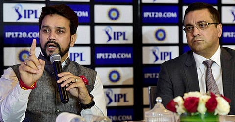Former BCCI president Anurag Thakur (L) in a press conference. (File photo | PTI)