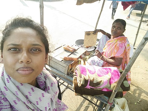 66-year-old Lakshmi, who sells corn outside Mancherial Railway Station.