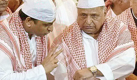 UP Chief Minister Akhilesh Yadav with Mulayam Singh Yadav