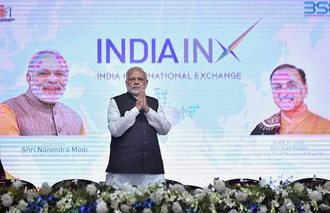 Prime Minister Narendra Modi at the inauguration of the BSE INDIAINX India International Exchange at Gift City Gandhinagar on Monday.