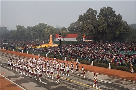 Women members of India's National Cadet Corps (NCC) march during the Republic Day parade in New Delhi, India, Tuesday, Jan. 26, 2016. | AP