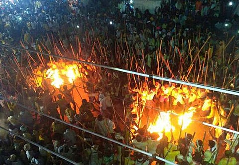 In spite of elaborate police security, Banni participants from several villages in Kurnool and Karnataka clashed, leading to a stampede- like situation. (Express Photo | Ravuri)