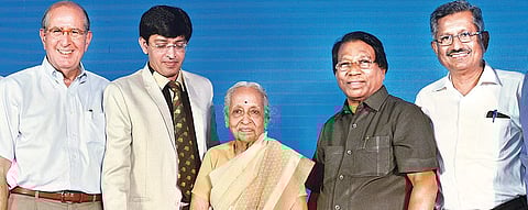 (From L) Dr Alfred Sommers,  Dr J Radhakrishnan, Dr V Shanta, G Viswanathan and Dr R D  Ravindran at the inaugural function of Aravind Eye Hospital’s branch in city on Saturday