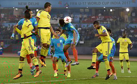 India's Jeakson Thounaojam during the FIFA U-17 World Cup 2017 football match against Colombia in New Delhi on Monday. (Photo | PTI)
