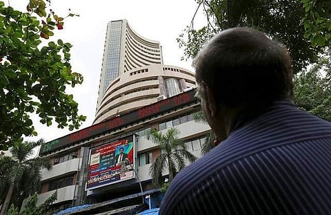 Sensex on the facade of the Bombay Stock Exchange building in Mumbai. (File photo | Reuters)