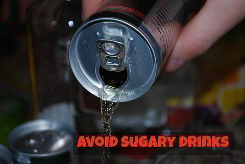 Sugary and carbonated drinks are the most fattening food that you can consume. So monitor your intake of juice, soda, sweetened coffee and tea drinks, and alcoholic beverages.