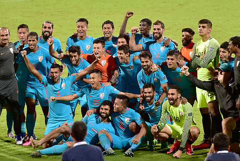 Indian team celebrating after beating Macau 4-1 in their AFC Asian Cup 2019 qualifier in Bengaluru on Wednesday.  | (Nagaraja Gadekal | EPS)