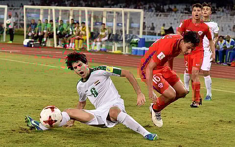 Iraq and Chile footballers compete for the ball during FIFA U-17 World Cup India 2017 match in Kolkata on Wednesday. | PTI