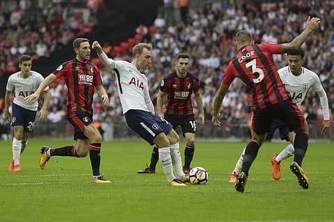 Tottenham's Christian Eriksen, centre, scores a goal during the English Premier League soccer match between Tottenham Hotspur and AFC Bournemouth at Wembley stadium in London on Oct. 14, 2017. (Photo | AP)