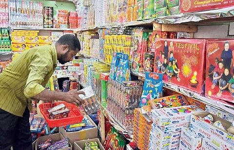 A firecracker shop at Chalai market on Sunday  B P Deepu