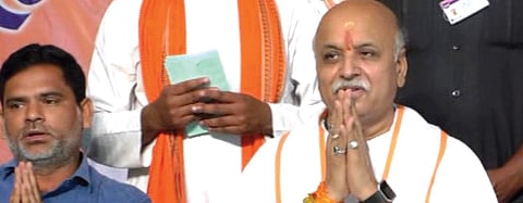 Vishwa Hindu Parishad national president Praveen Togadia addressing the media during his Khammam visit on Monday | Express Photo