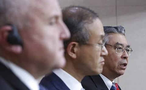Japanese Deputy Foreign Minister Shinsuke Sugiyama, right, speaks as U.S. Deputy Secretary of State John Sullivan, left, and South Korean Vice Foreign Minister Lim Sung-nam, center, listen during a press conference following their meeting at Foreign Minis