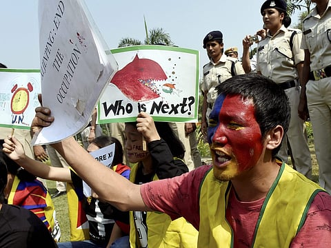 Tibetan Congress Youth workers staged protest against Chinese President Xi Jinping on Wednesday in New Delhi. (PTI)