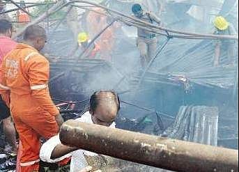 A flea market on M G Road in Vijaywada went up in flames at around 9.30 am.