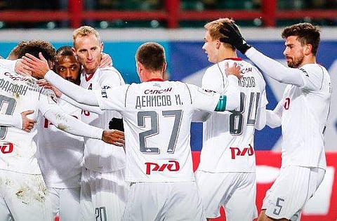 Lokomotiv Moscow celebrate after scoring a goal against Krasnodar. (Photo | Lokomotiv Moscow Twitter)