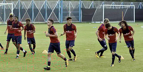 England football players during a practice session ahead of their FIFA U-17 World Cup semi-final match against Brazil in Kolkata on Tuesday. | PTI