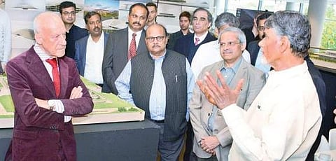 Chief Minister N Chandrababu Naidu with Norman Foster and his team of architects in London on Tuesday