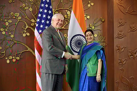 US Secretary of State Rex Tillerson with Sushma Swaraj (Photo | PTI)