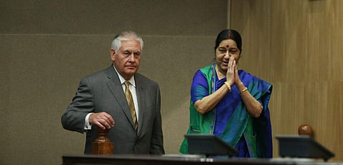 External Affairs Minister Sushma Swaraj on Wednesday met US Secretary of State Rex Tillerson who is on his first visit to India in his official capacity. (Express Photo Service | Shekhar Yadav)
