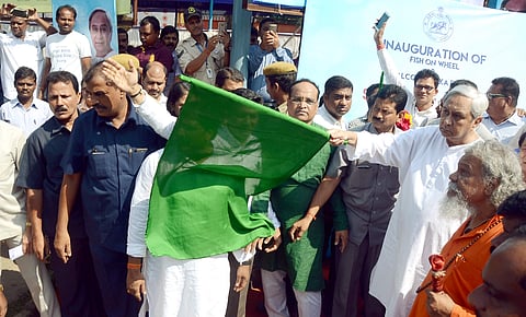 Chief Minister Naveen Patnaik flagging off the ‘Fish on Wheel’ in Bhubaneswar on Wednesday | Express