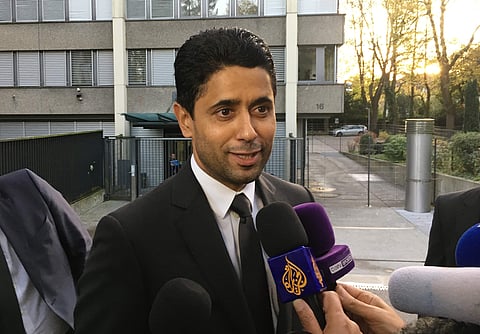Paris Saint-Germain president Nasser Al-Khelaifi speaks to the media after a meeting today with Swiss prosecutors in Bern, Switzerland. | AP