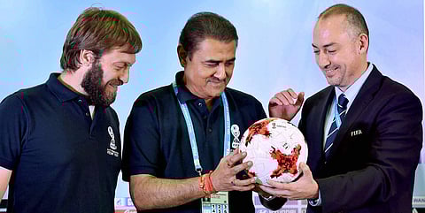 AIFF President Praful Patel C Head of FIFA Tournaments Jaime Yarza R and Tournament Director LOC Javier Ceppi at a press meet during FIFA U-17 World Cup 2017 in Kolkata on Thursday. | PTI