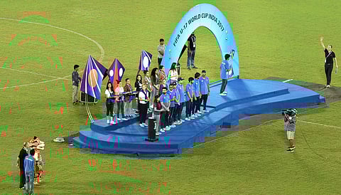 Participants rehearse for the closing and award ceremony for the FIFA U-17 World Cup at Vivekananda Yuva Bharati Krirangan stadium in Kolkata.|PTI