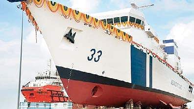 Vikram, the country’s first offshore patrol vessel, during its launch from the L&T shipbuilding yard in Kattupalli 