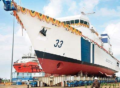 Vikram, the country’s first offshore patrol vessel, during its launch from the L&T shipbuilding yard in Kattupalli | Express