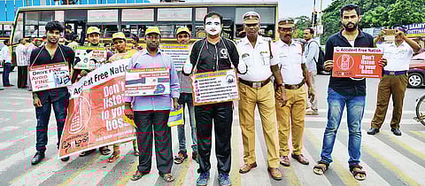 Volunteers during a mime awareness programme                         Photos: Sunish P Surendran