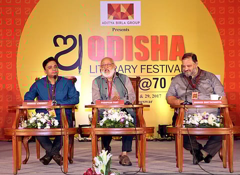 Nishant Choubey, Pushpesh Pant and Sourish Bhattacharya during the session on ‘Indian food is great so why is Indian food writing largely unapaletable’ at the Odisha Literary Festival-2017 in Bhubaneswar on Sunday | Express