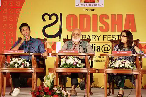 Durjoy Dutta, Pushpesh Pant and Milan Vohra at the session on ‘Romance in New India’ at the Odisha Literary Festival 2017  in Bhubaneswar on Sunday | Express